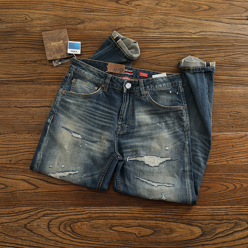 美式复古做旧赤耳丹宁牛仔裤男款