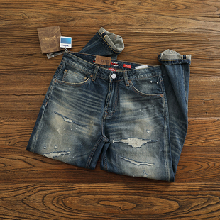 美式复古做旧赤耳丹宁牛仔裤男款贴布补丁直筒微弹修身小脚裤子潮