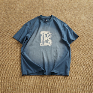 高克重重磅夏季 Tee男中性情侣款 渐变色水洗做旧复古半袖 圆领短袖