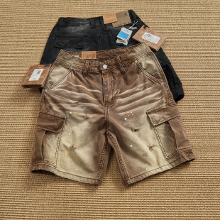 高街休闲中裤 重工水洗喷漆破洞工装 美式 多口袋做旧五分裤 短裤 男士