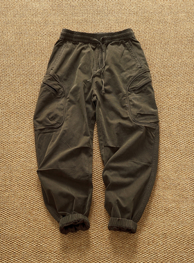 棉弹梭织质感厚实工装裤男上身有型休闲裤多口袋宽松束脚收脚裤潮