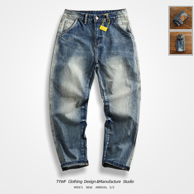 重工刷白做旧水洗牛仔裤男