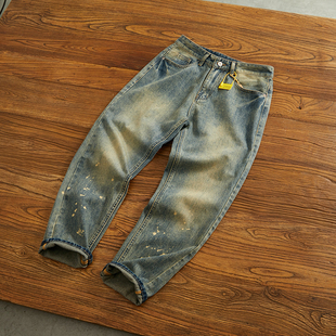 美式复古潮牌甩点喷漆做旧宽松微锥牛仔裤男刷白合身直筒牛仔长裤