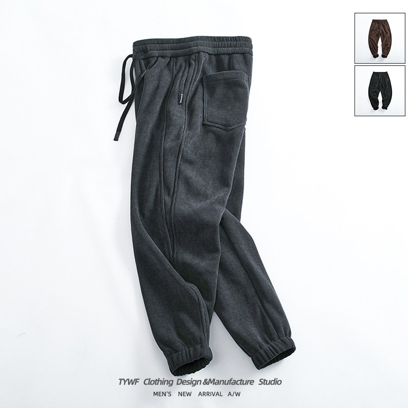 加绒加厚保暖重磅工装裤男士合身拼接松紧腰抽绳灯芯绒束脚哈伦裤,男装,休闲裤,淘宝优惠券,粉丝福利购,淘宝优惠卷