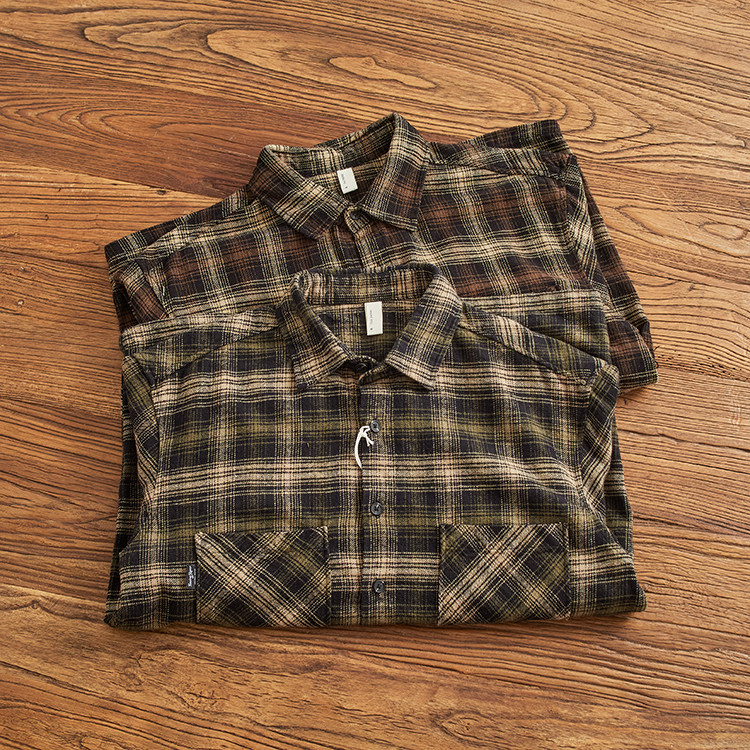 秋冬重磅纯棉水洗做旧长袖休闲衬衣男宽松复古格子外穿衬衫外套潮