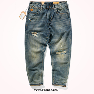 补丁牛仔裤 男破洞贴布直筒潮颓废系刷白猫须做旧锥形直筒牛仔长裤