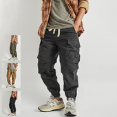 男士 宽松潮牌潮流束脚弹力做旧水洗松紧腰运动休闲裤 多口袋工装 裤