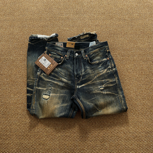 重型14.5OZ厚款 男高街潮款 油污脏洗贴布补丁牛仔长裤 潮 秋冬牛仔裤