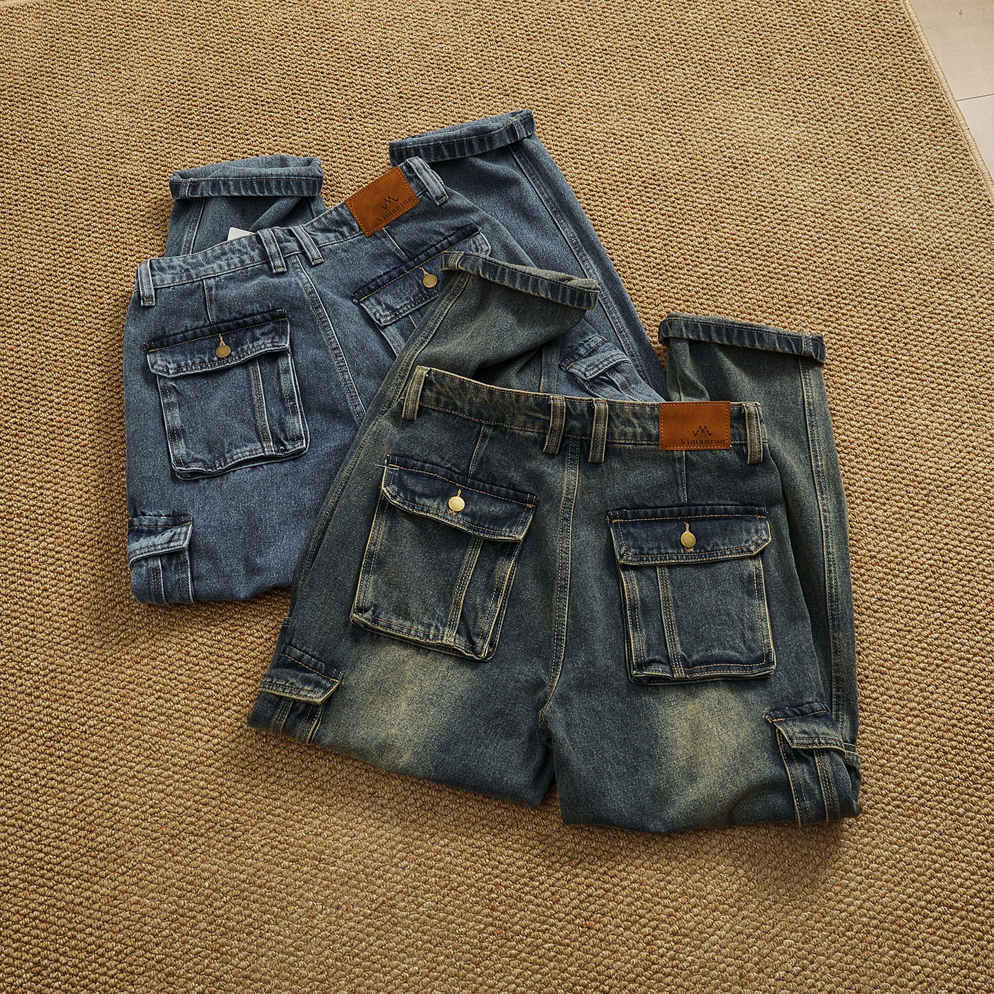 美式复古工装牛仔长裤 多口袋设计 宽松直筒做旧水洗牛仔裤男女潮