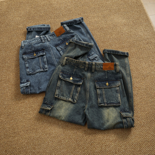 美式复古工装牛仔长裤 多口袋设计 宽松直筒做旧水洗牛仔裤男女潮