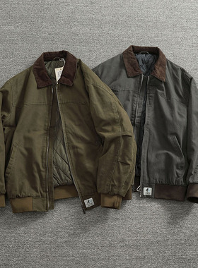 复古美式休闲底特律工装夹克男装灯芯绒拼接领口飞行外套棉服上衣