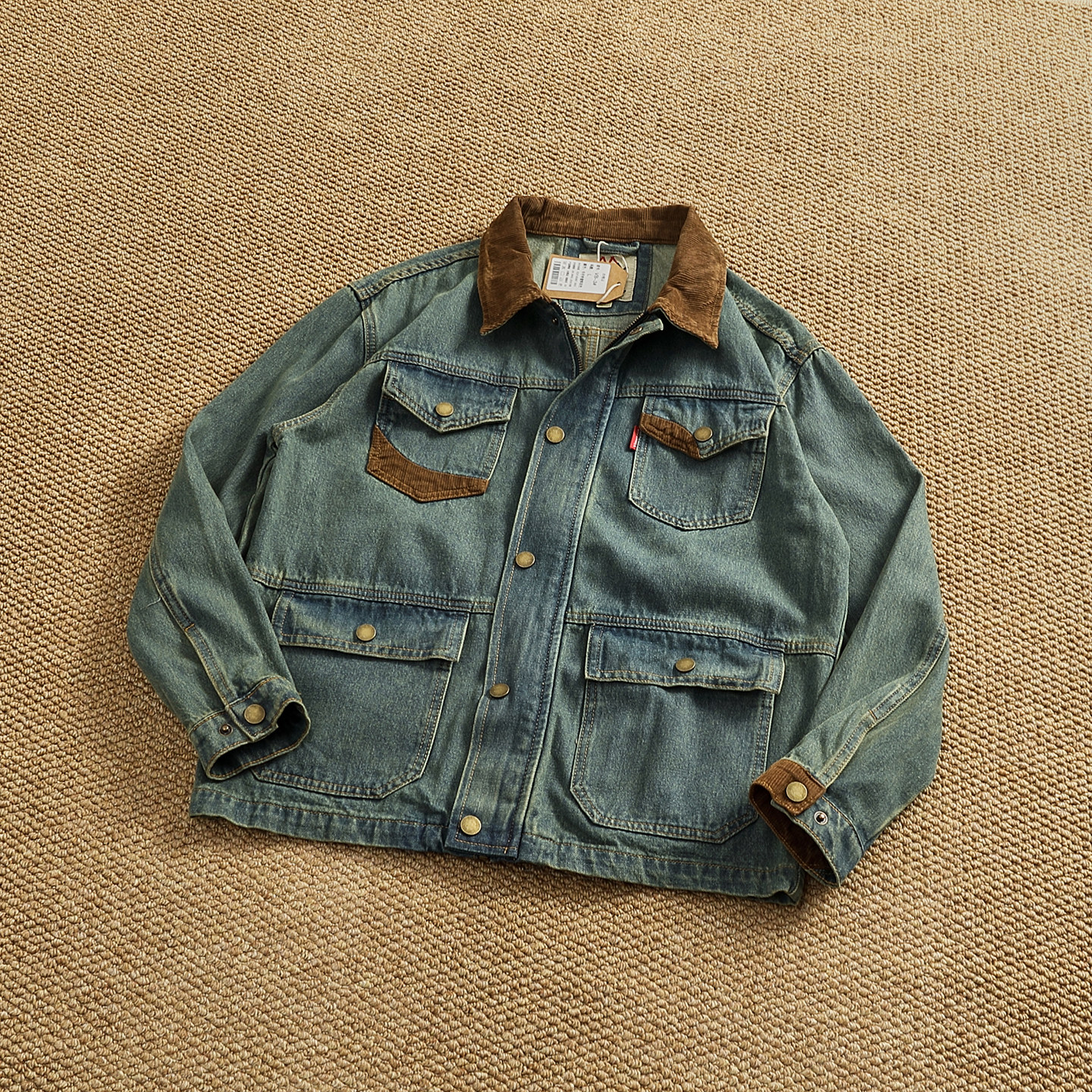 美式复古灯芯绒拼接牛仔外套男水洗做旧口袋工装夹克秋冬潮牌上衣