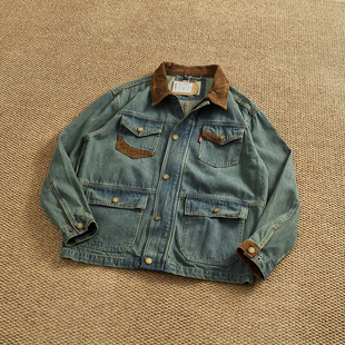 美式复古灯芯绒拼接牛仔外套男水洗做旧口袋工装夹克秋冬潮牌上衣