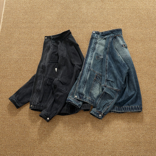 立领硬汉机车牛仔外套男多口袋