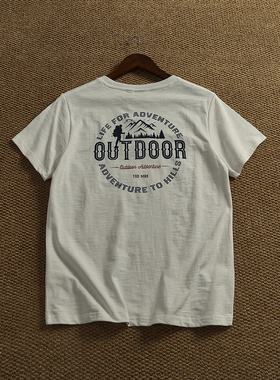 复古肌理竹节纱短袖男夏新款双面户外印花阿美咔叽风纯棉半袖T恤