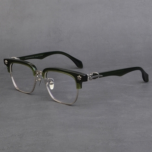 雕花百搭纯钛半框眼镜架女士显瘦潮流复古大脸板材近视眼镜男帅气
