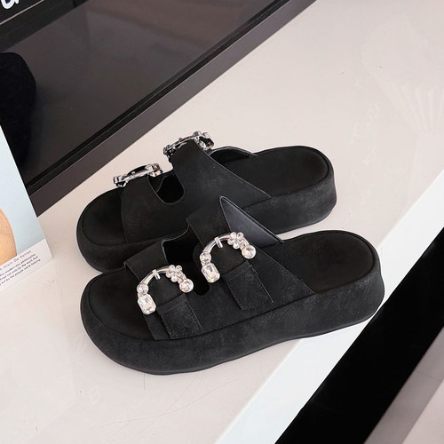 2026新款时尚水钻厚底一字拖女外穿黑色防滑复古风舒适简约凉拖鞋