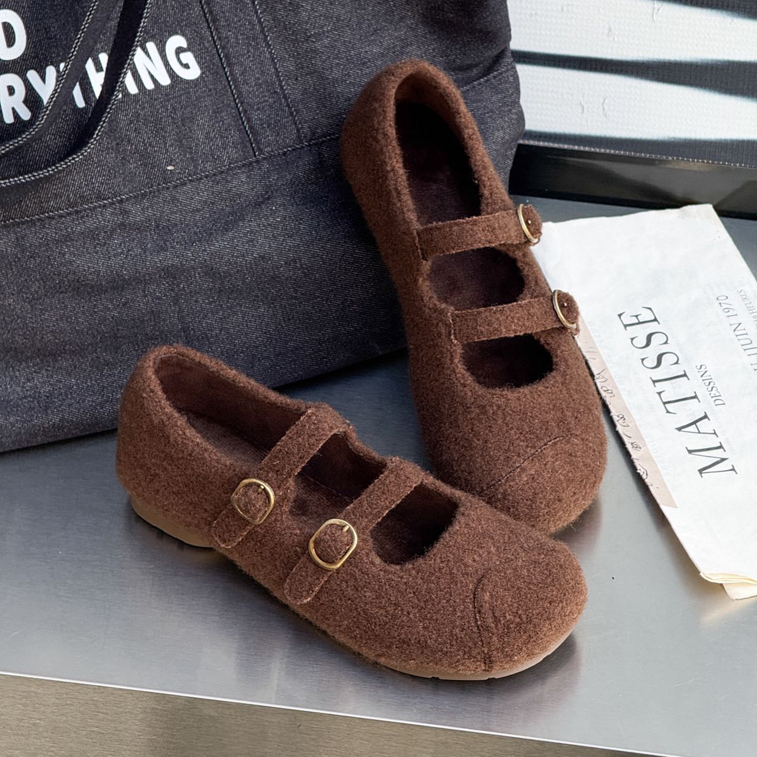 法式玛丽珍毛毛鞋平底全包勃肯鞋