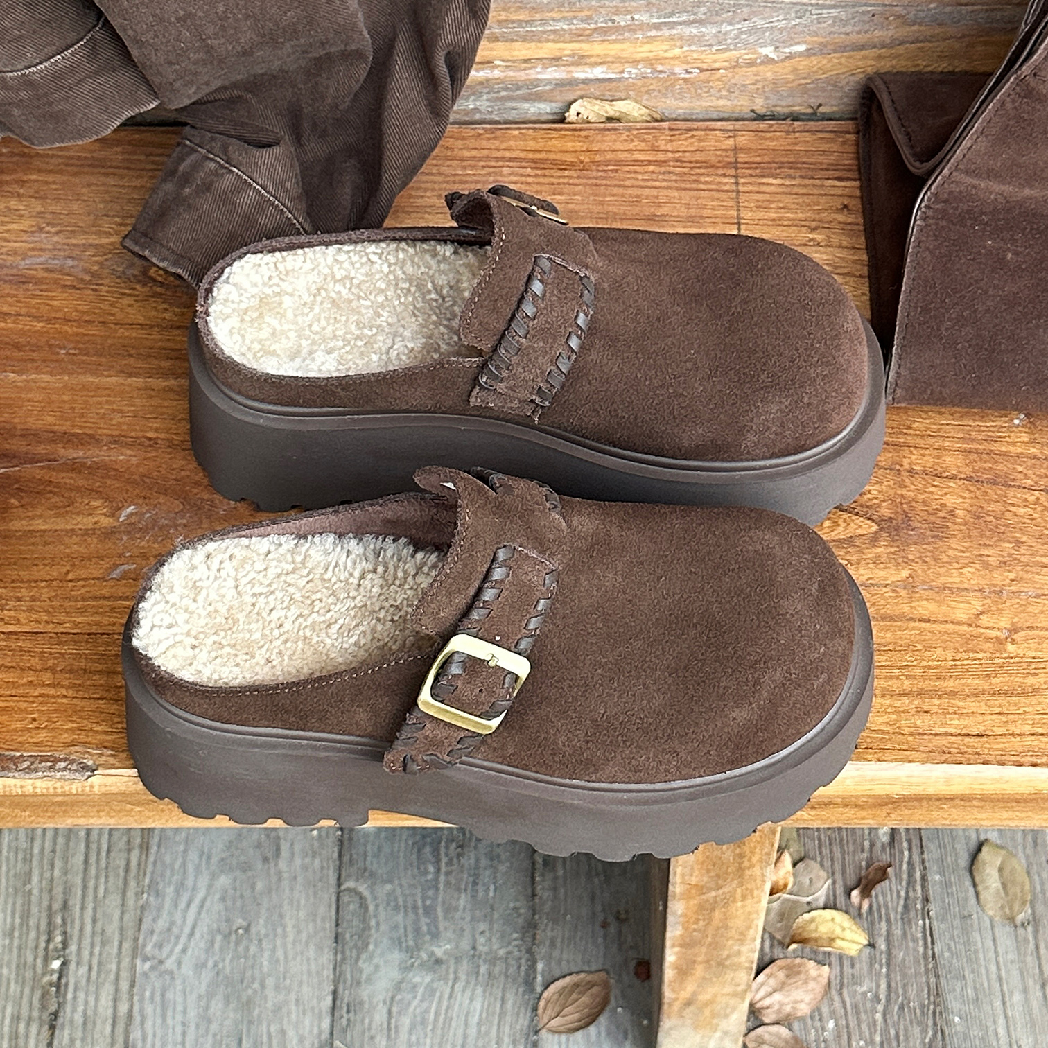 加绒保暖勃肯半拖鞋秋冬外穿百搭