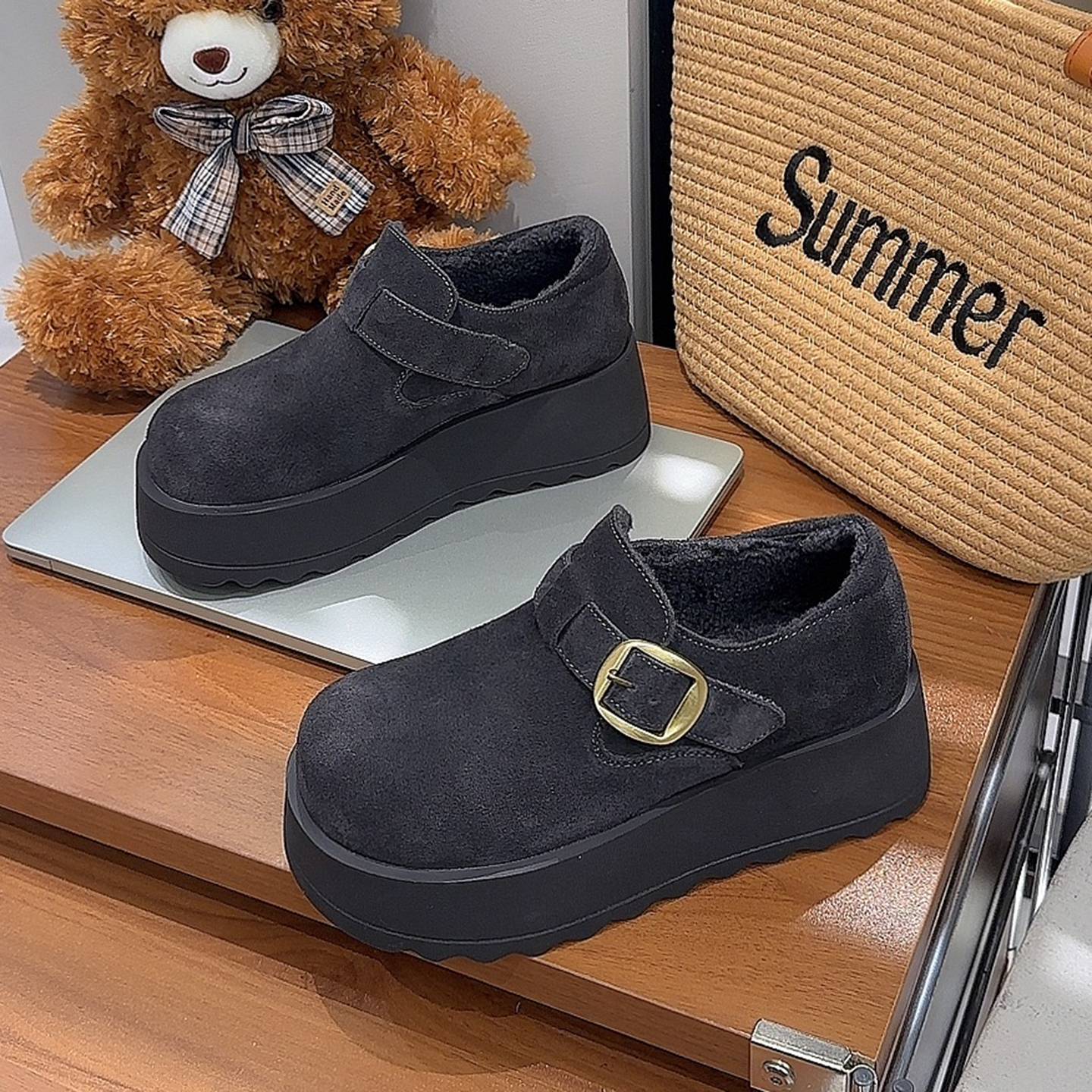 增高厚底勃肯鞋秋冬加绒保暖棉鞋