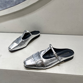 一脚蹬穆勒鞋 夏外穿配裙子拼接平底单鞋 女2026新款 银色包头半拖鞋