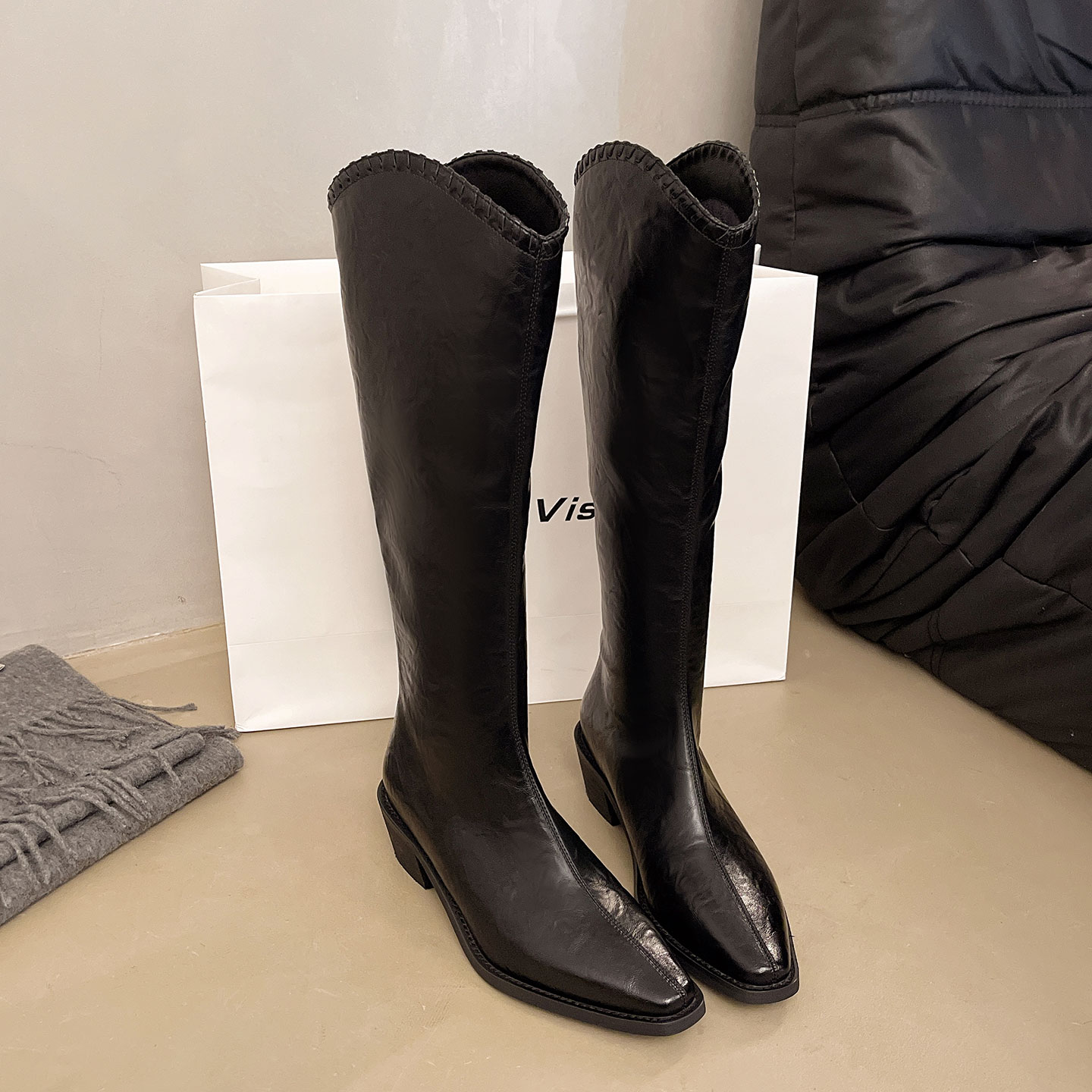 尖头粗跟高筒骑士靴西部牛仔靴