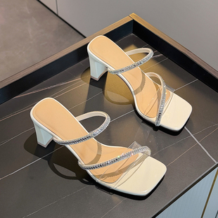 水钻透明高跟拖鞋女2026新款夏外穿配裙子仙女风软底不累脚一字拖