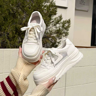 夏款真皮小白鞋女2026年新款百搭镂空网面透气网鞋增高厚底松糕鞋