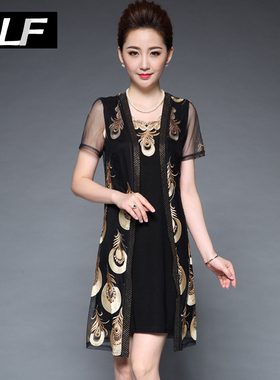 中老年女夏装洋气刺绣连衣裙两件套中年40岁50中年妈妈装套装裙子