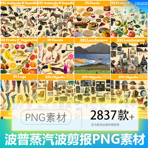 潮流复古怀旧美式波普蒸汽波风格剪报拼贴画PNG免扣平面设计素材