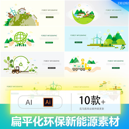 扁平化绿色环保新能源文明城市公益插画展板AI矢量设计素材模板