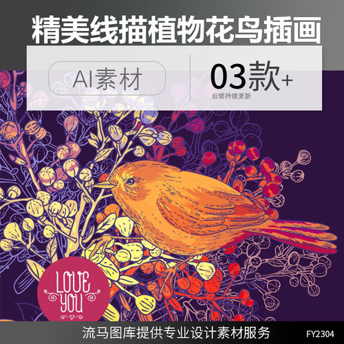 欧美创意精美线描唯美植物花鸟菊花场景插画ai矢量平面设计素材图