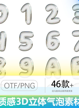 透明质感3D立体肥皂泡气泡Y2K趣味大写西文字体PNG免扣设计素材