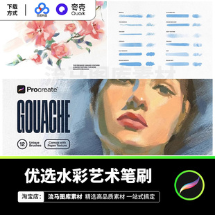 国外优质厚涂水彩画油画插图插画笔触Procreate笔刷设计素材 12款