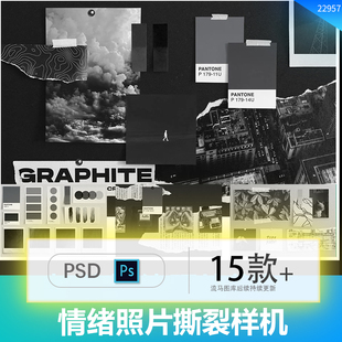 撕裂皮损做旧极简情绪照片纸张墙贴装饰贴纸展示样机PSD设计素材