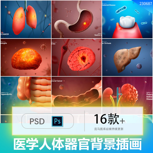 医院医疗科技医学人体器官大脑肠胃肝脏插画背景元素PSD设计素材