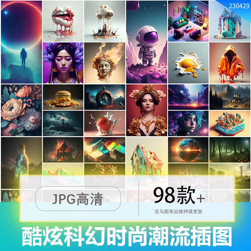 98款科幻酷炫时尚潮流3D美食雕塑人物太空城市插画JPG高清素材图