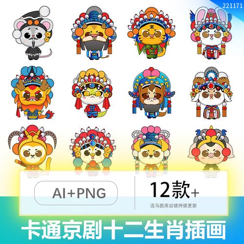 中国风京剧戏曲卡通十二生肖创意装饰插画AI矢量设计PNG免扣素材