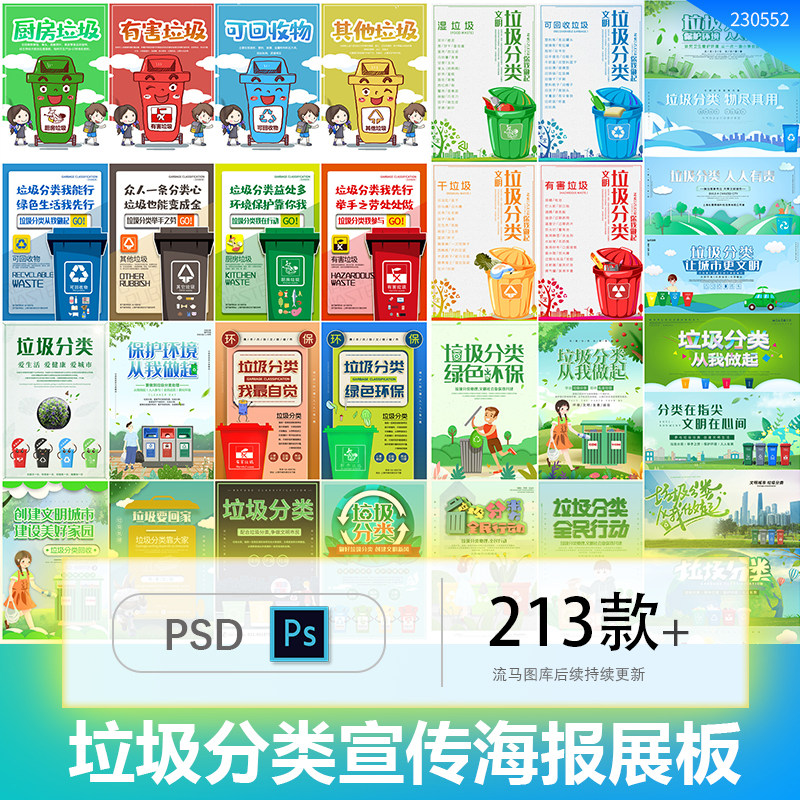 时尚城市垃圾分类可回收物有害垃圾宣传海报展板PSD设计素材模板