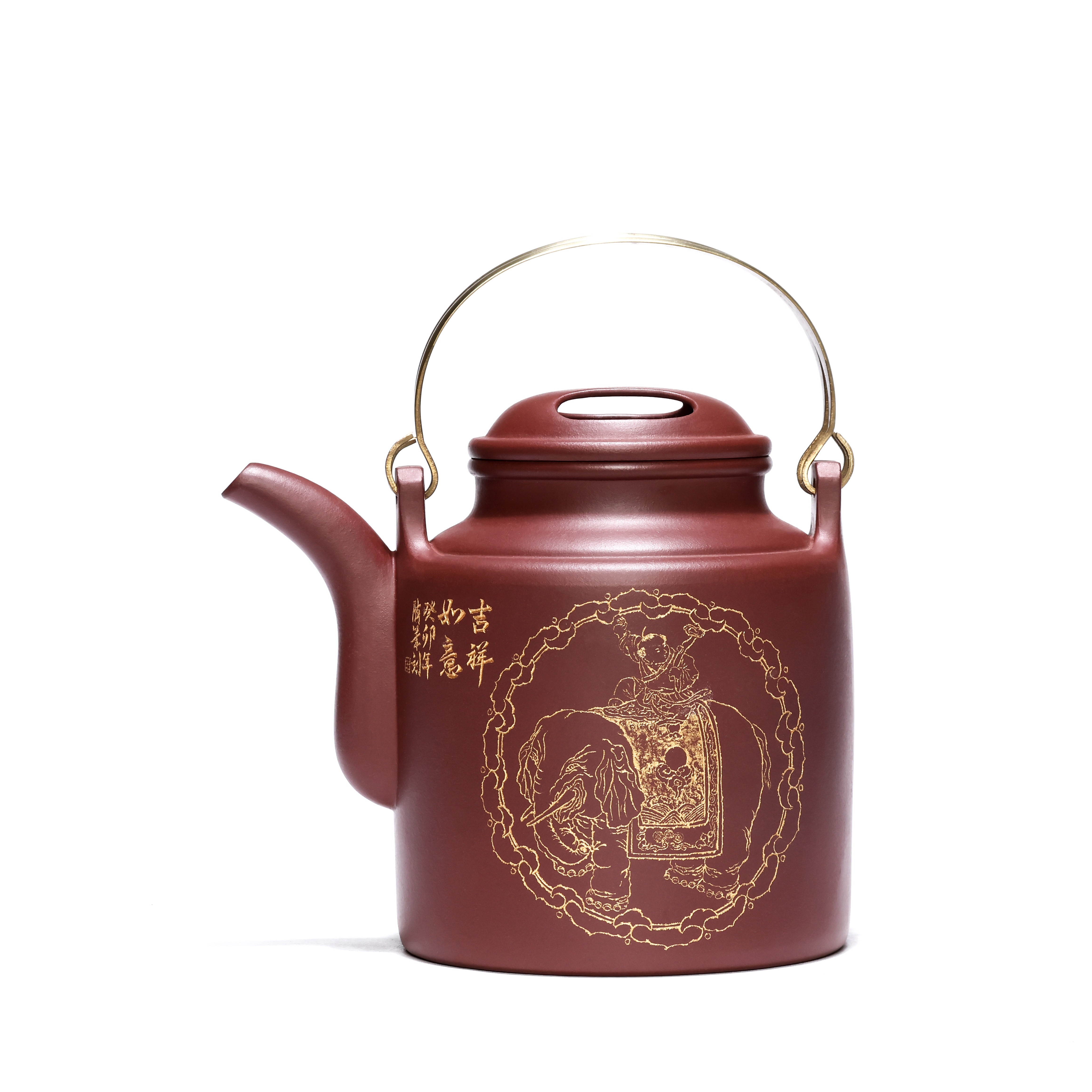 宜兴紫砂壶纯手工大品容量泡茶壶刻吉象吉祥如意特大洋桶壶1200ml