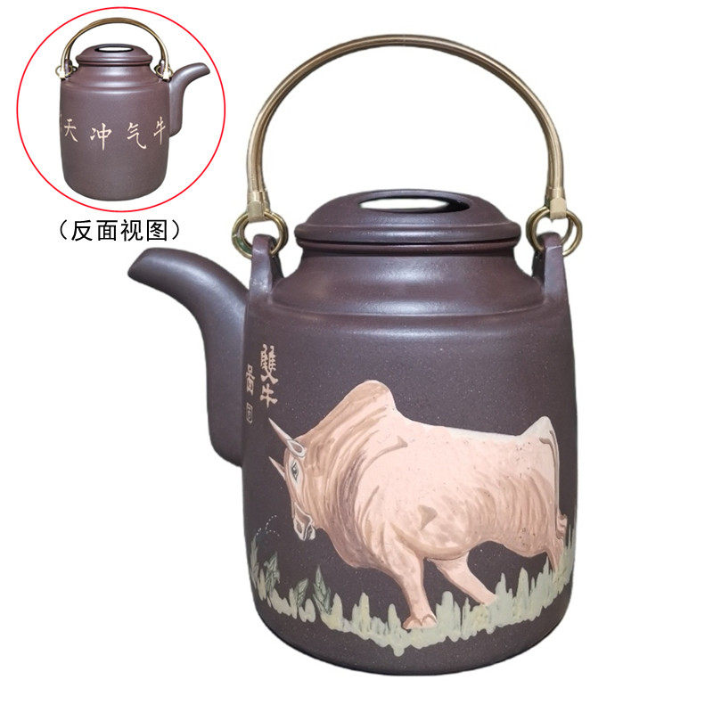 宜兴紫砂壶纯手工大品泡茶壶摆件老紫泥绘牛气冲天特大洋桶壶1.4L