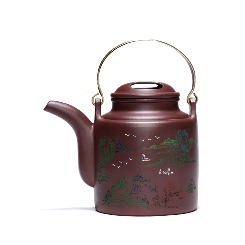 宜兴紫砂壶纯手工大容量泡茶壶摆件紫泥彩刻山水特大洋桶壶1200ml