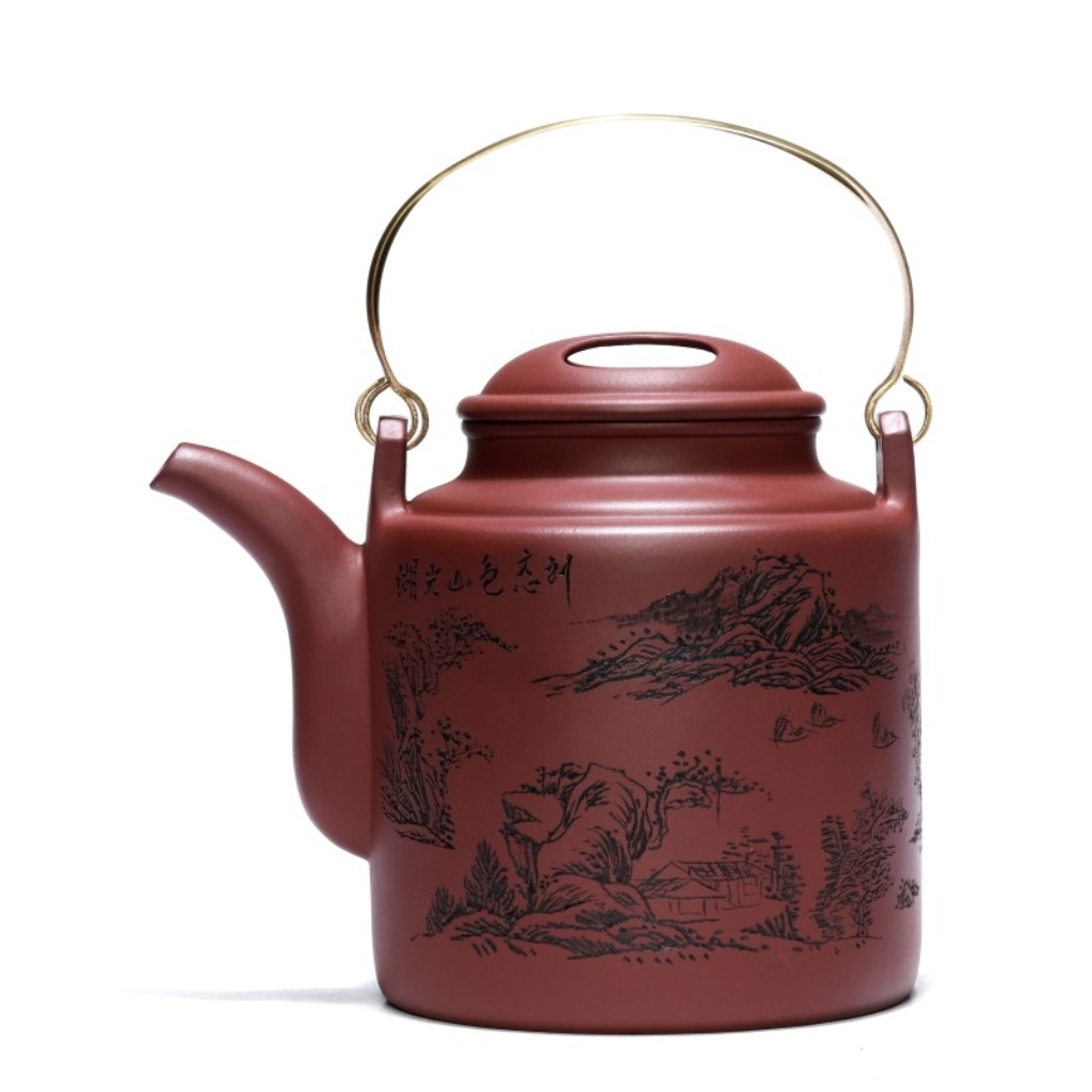 宜兴紫砂壶纯手工大容量泡茶壶茶馆摆件特大通转山水洋桶壶1800ml