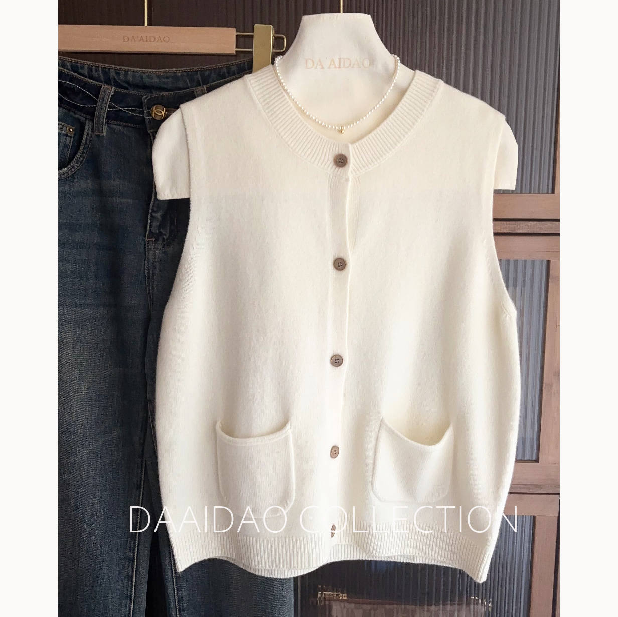 清仓~羊毛衫开衫极简风圆领针织马甲女宽松口袋背心百搭韩版马夹