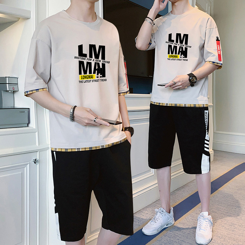 夏季純棉假兩件短袖恤男潮流寬鬆五分袖套裝男