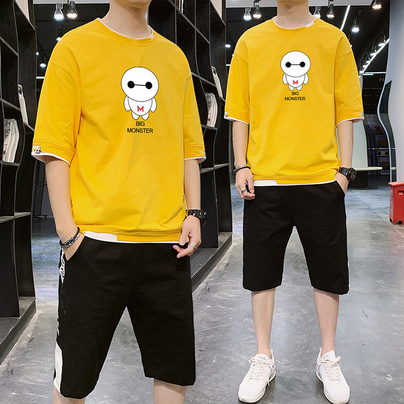 夏季純棉短袖恤男潮流假兩件寬鬆五分袖套裝男