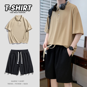 港风polo衫男休闲大码美式复古情侣翻领短袖T恤套装男TZ35339-P55图片