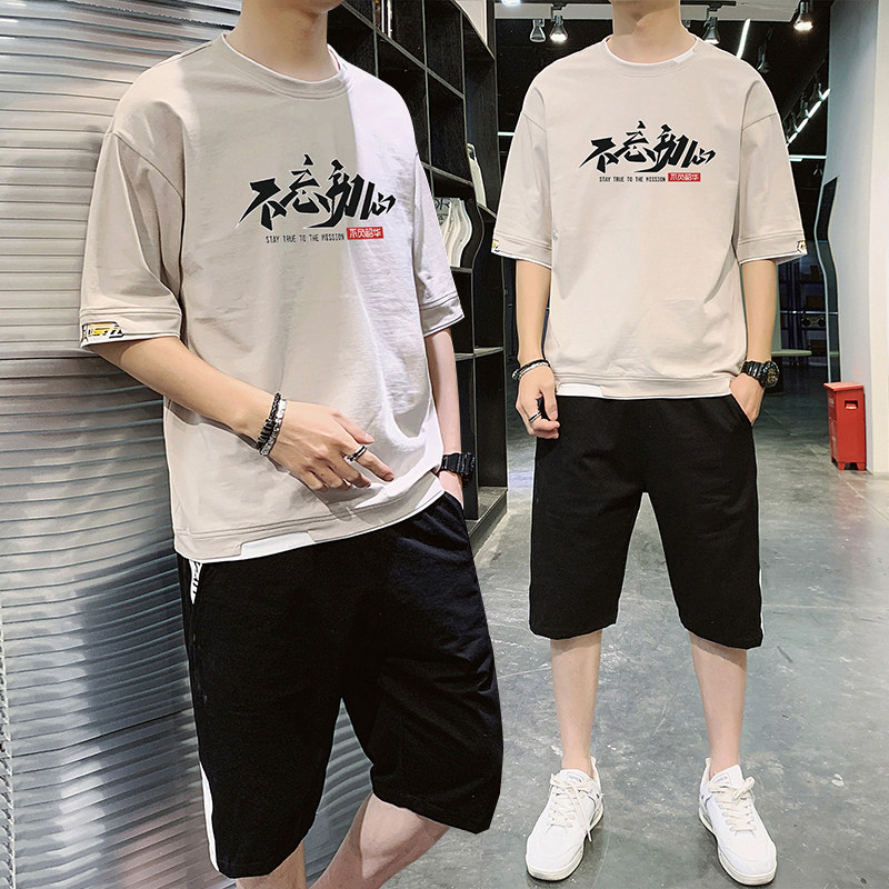 夏季純棉短袖恤男潮流假兩件寬鬆五分袖套裝男