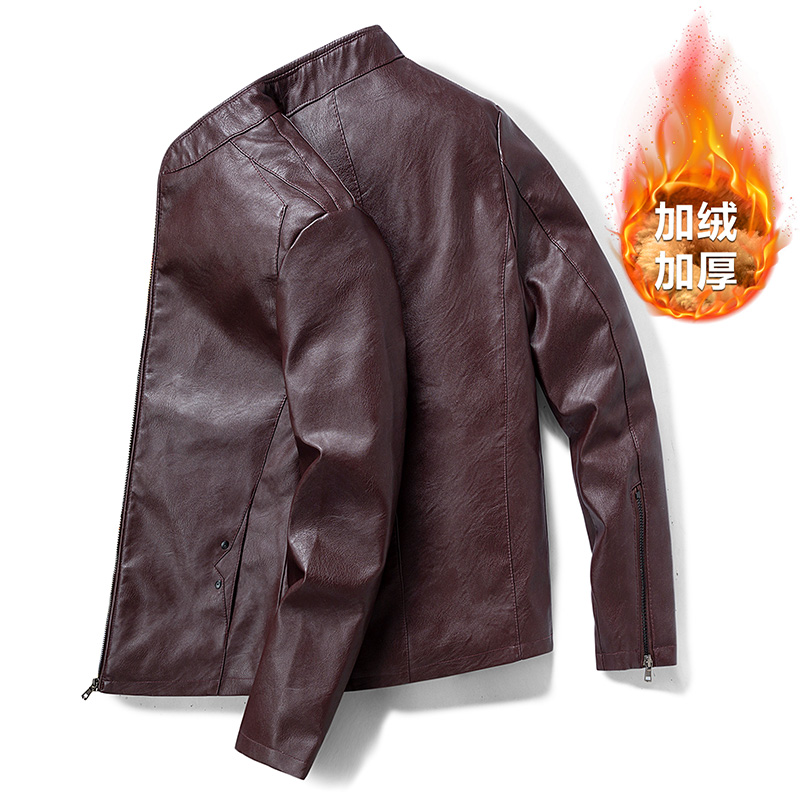 2021 spring men's casual stand collar coat PU Leather Motorcycle slim fitting jacket leather Plush