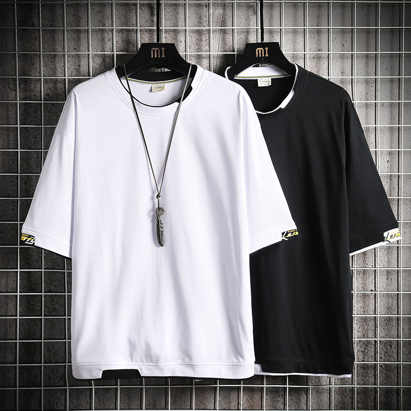 Summer cotton short sleeve t-shirt men's trend fake two loose 5-sleeve Top Men's